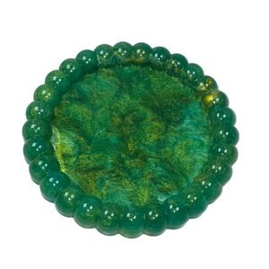 Handmade Resin Trinket Dish 5" Round Light Green & Gold Shimmer Swirl Bubble Rim